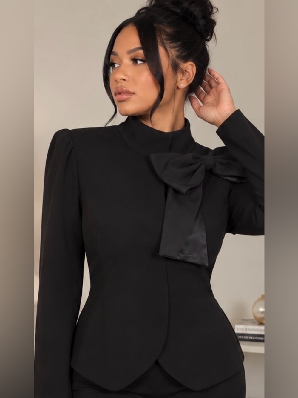 Bow-Neck Long Sleeve Black Blouse